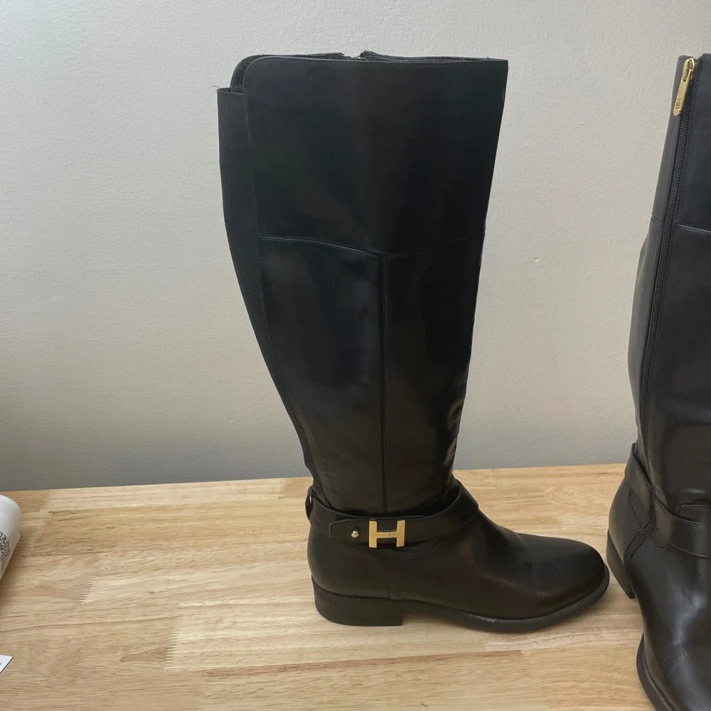 Tommy Hilfiger‎ Black Leather Tall Riding Boots Size 6.5M